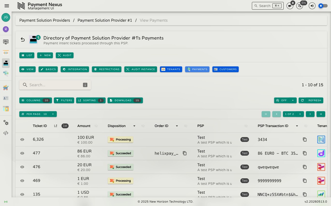 Linked Payment Intent Tickets directory showing a table with columns for ID, amount, status, and related identifiers