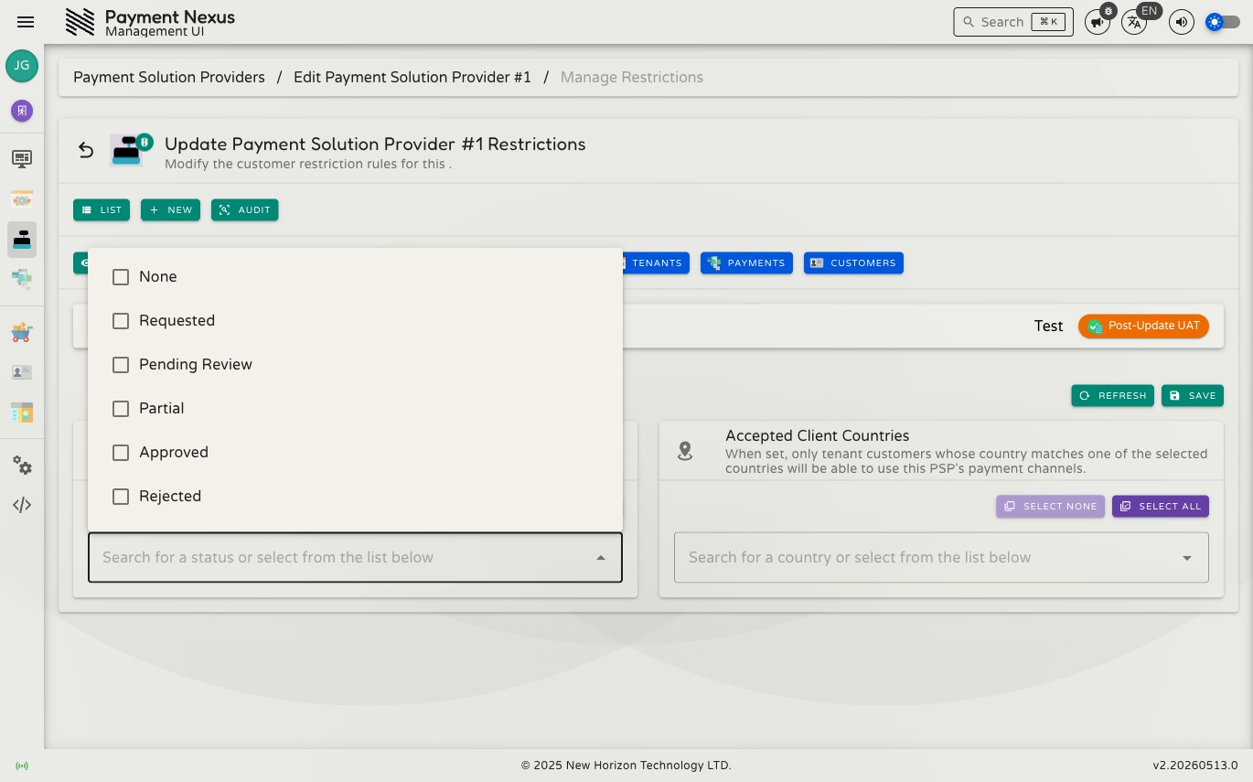 Compliance status dropdown open showing available statuses: None, Requested, Pending Review, Partial, Approved, Rejected, Non Compliant, Unknown