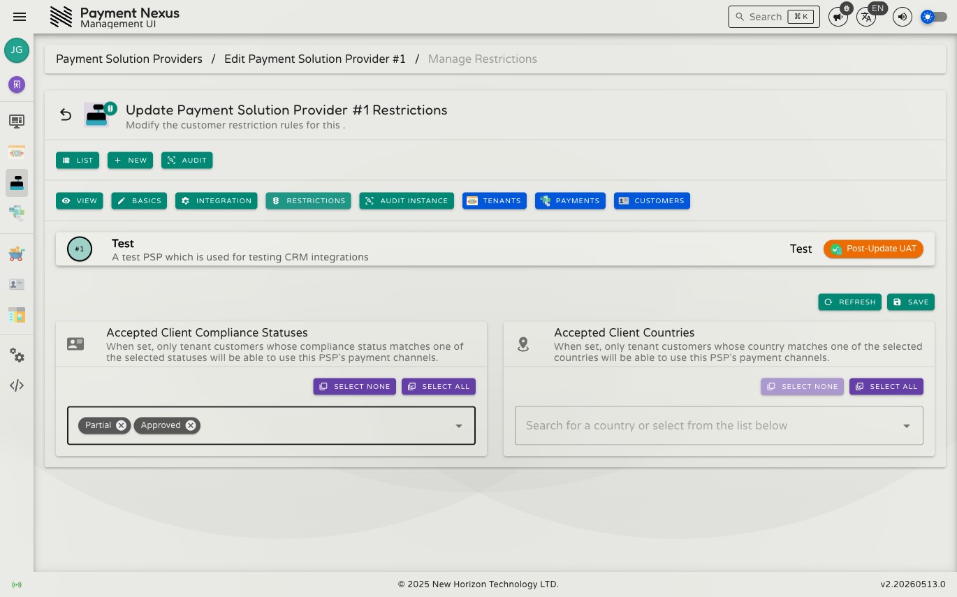 Restrictions page with Partial and Approved selected as accepted compliance statuses, shown as removable chips in the field