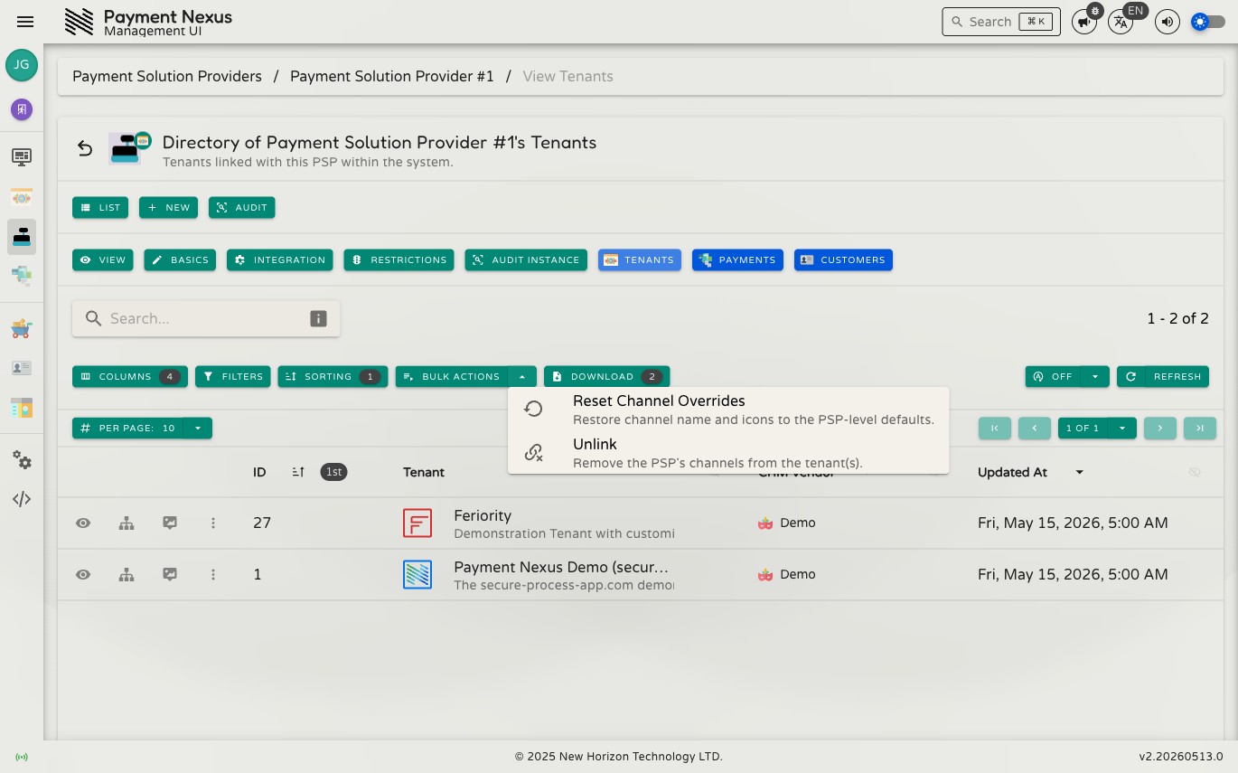 Bulk Actions dropdown open showing Reset Channel Overrides and Unlink options
