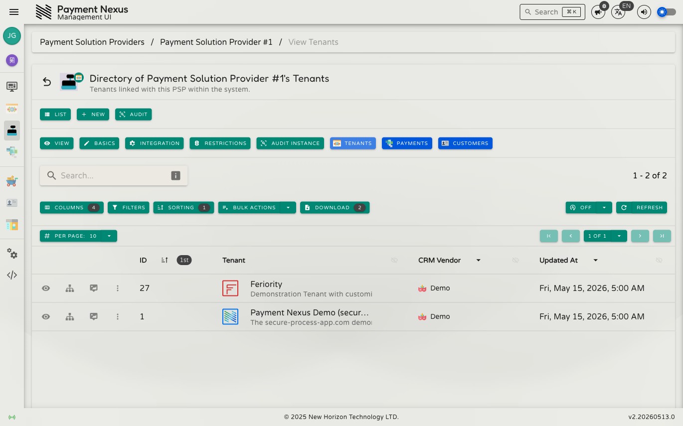 Linked Tenants directory showing a table with ID, Tenant, CRM Vendor, and Updated At columns, with Bulk Actions and Add toolbar buttons