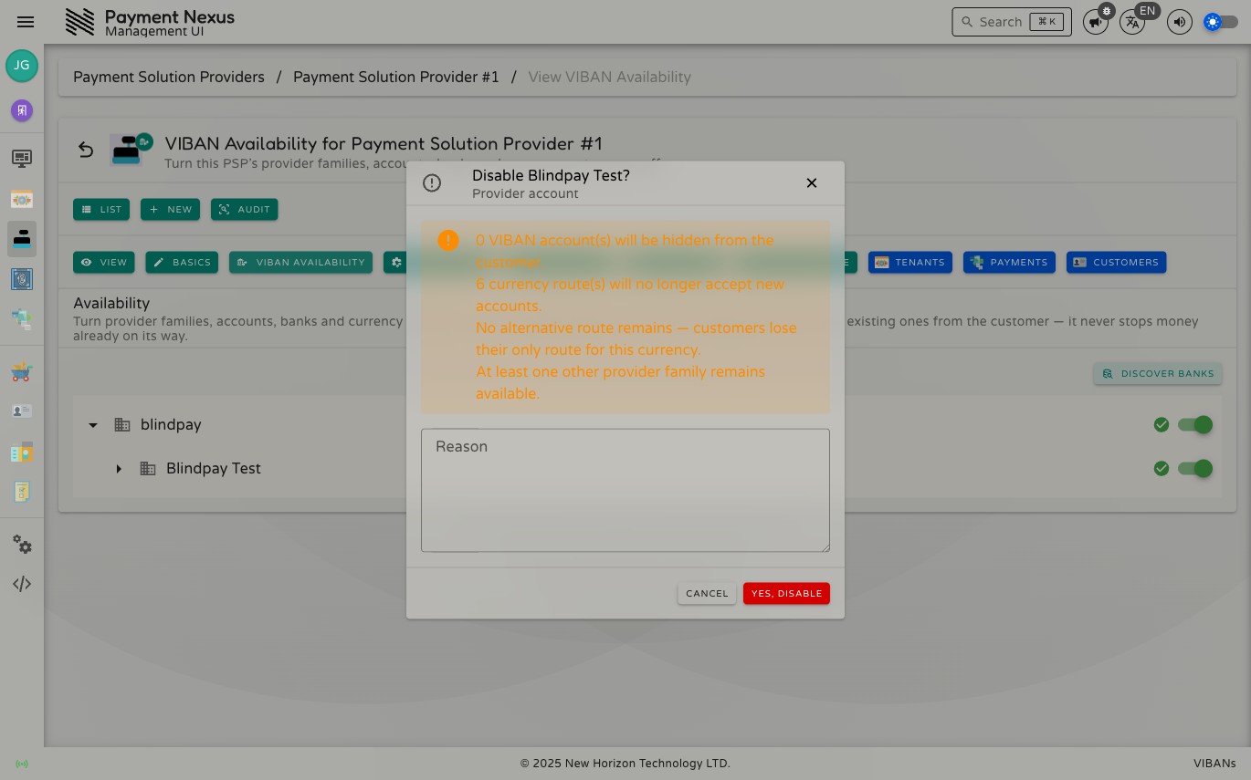 Disable confirmation dialog for a bank showing an impact summary — accounts that will be hidden, currency routes that will stop accepting new accounts, whether an alternative route remains under the same provider account, and whether another provider family remains available — plus a required Reason field