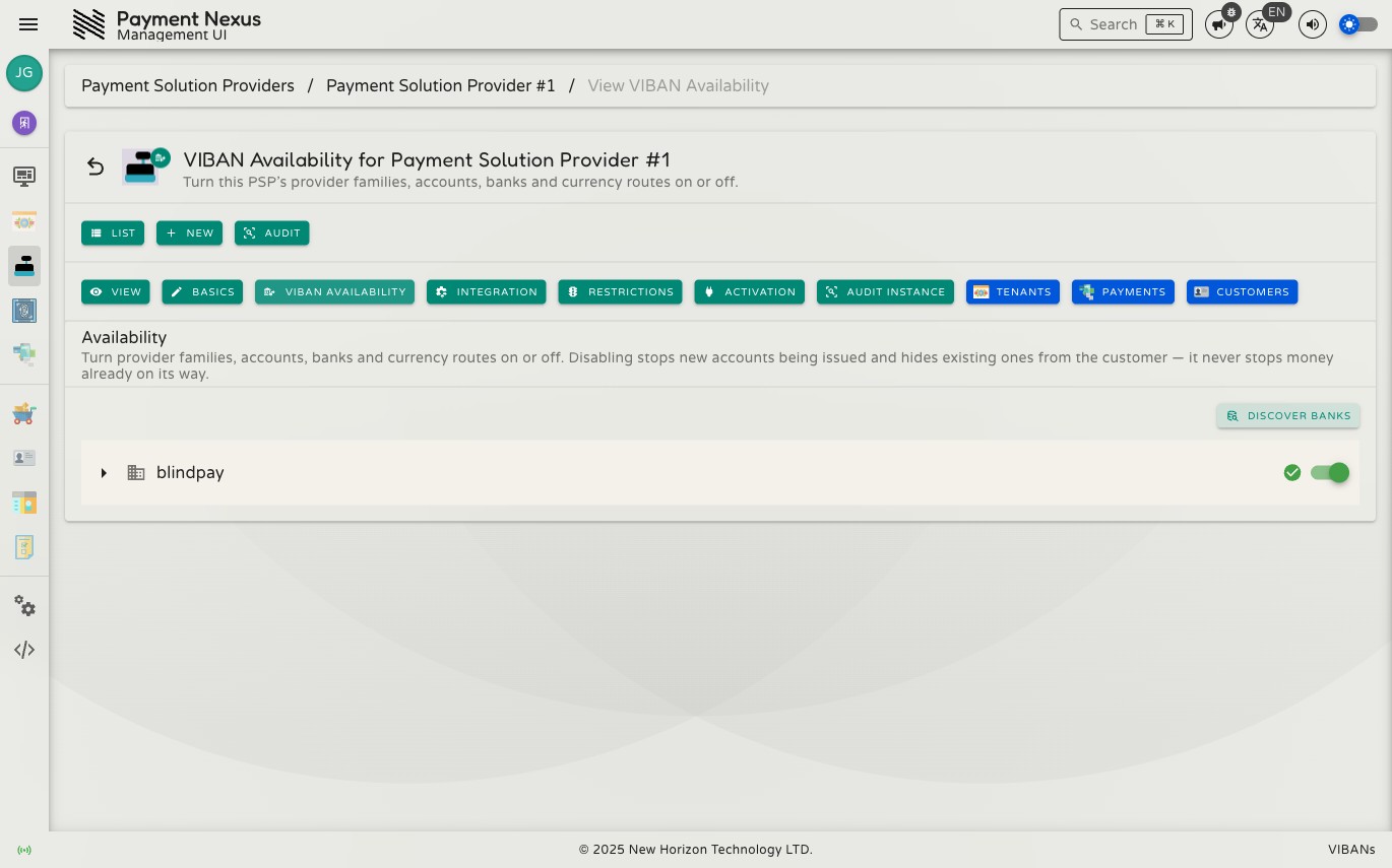 VIBAN Availability page showing a Discover banks button and a tree of provider families, provider accounts, and banks, each with a toggle