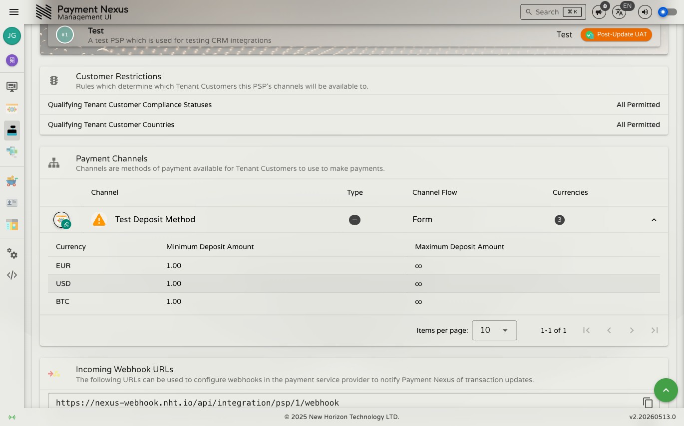 An expanded channel row showing a nested table of currencies with minimum and maximum deposit amounts, and the Link to Tenants button