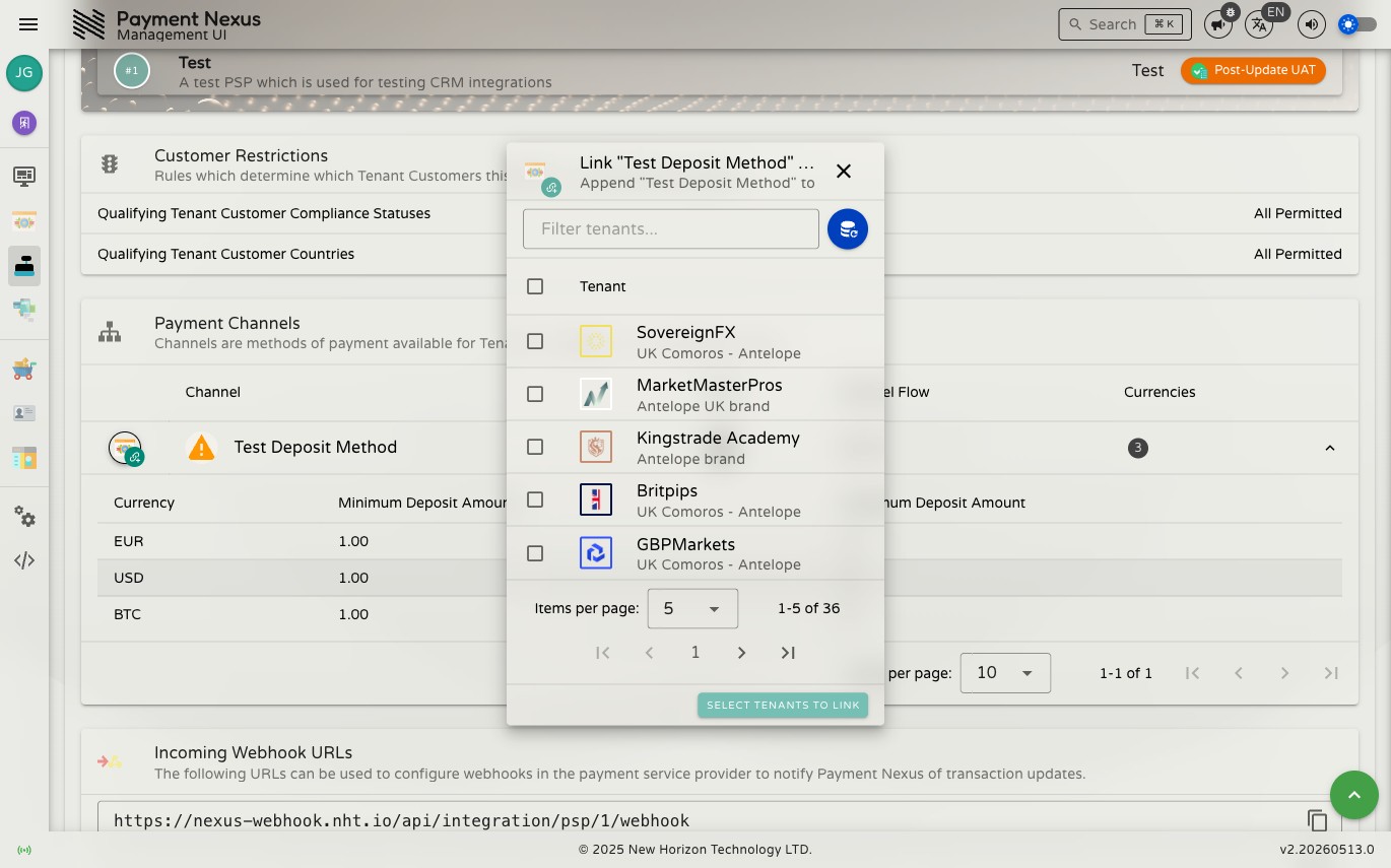 Link to Tenants dialog showing a paginated list of brands with checkboxes, and the confirm button at the bottom right