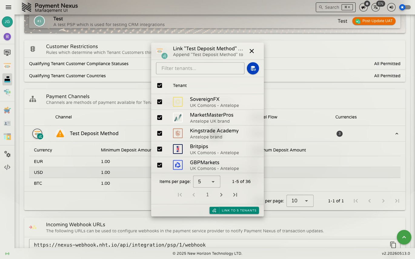 Link to Tenants dialog with brands selected, showing the confirm button updated to display the number of selected brands