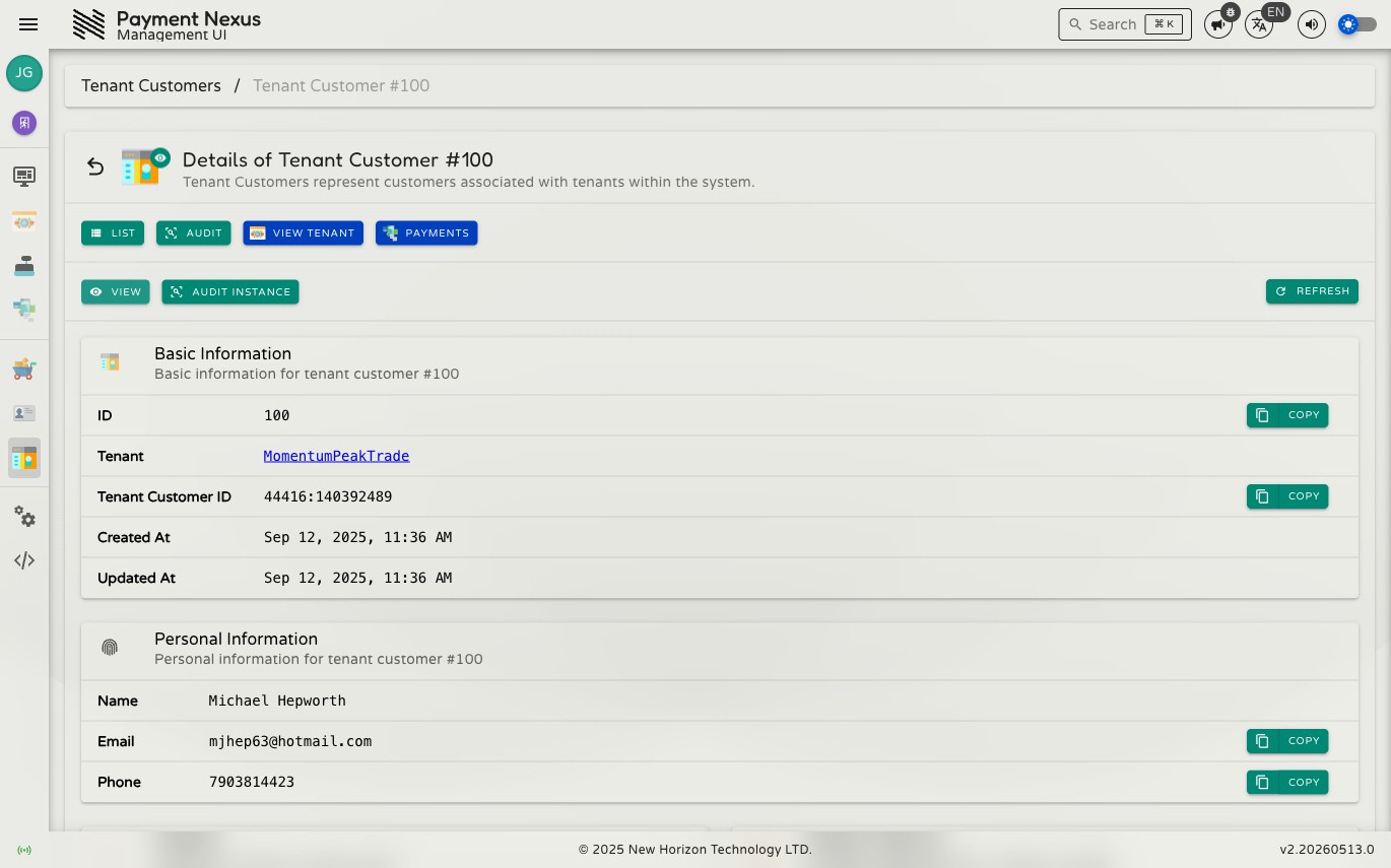 Tenant Customer detail page showing the Basic Information card with ID, Tenant, and Tenant Customer ID fields, and the Personal Information, Address, and Shipping Address cards below