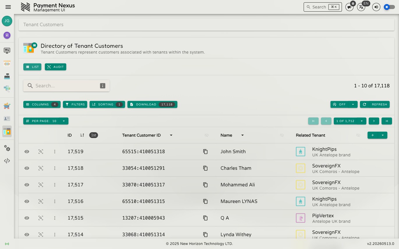 Directory of Tenant Customers showing a table with columns for ID, Tenant Customer ID, Name, and Related Tenant