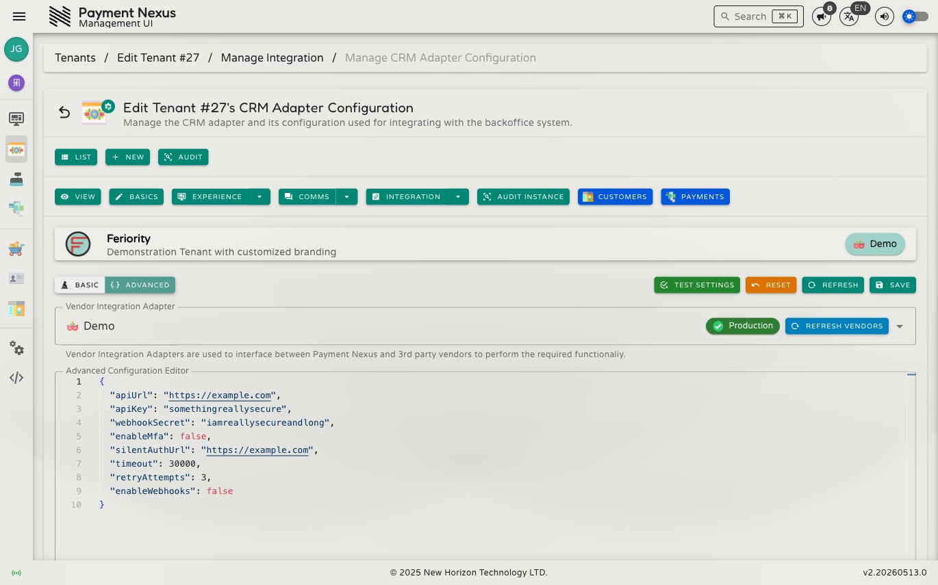 Advanced tab showing a JSON editor containing the full configuration as raw JSON