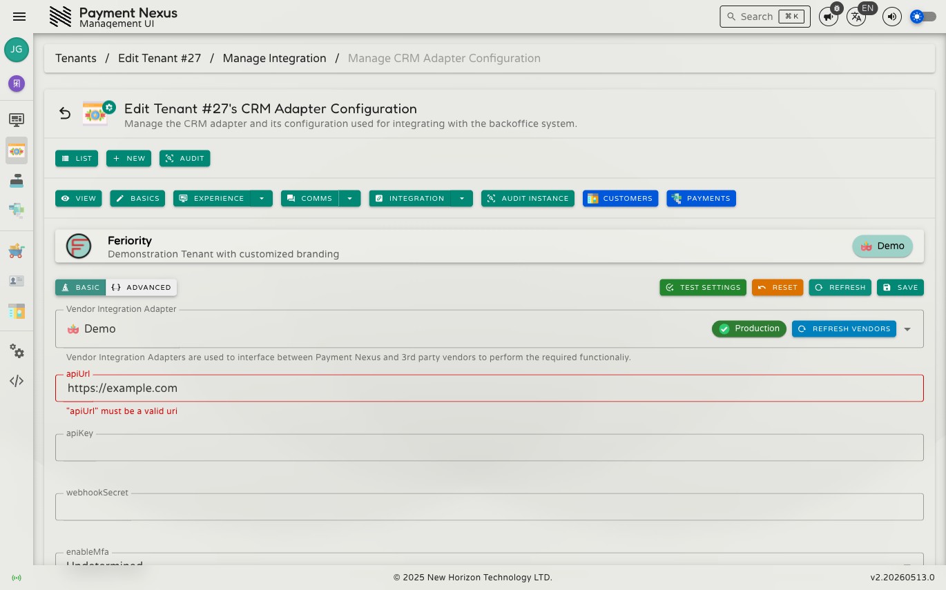 Adapter configuration page with no vendor selected, showing the empty vendor selector and a message indicating no adapter is configured