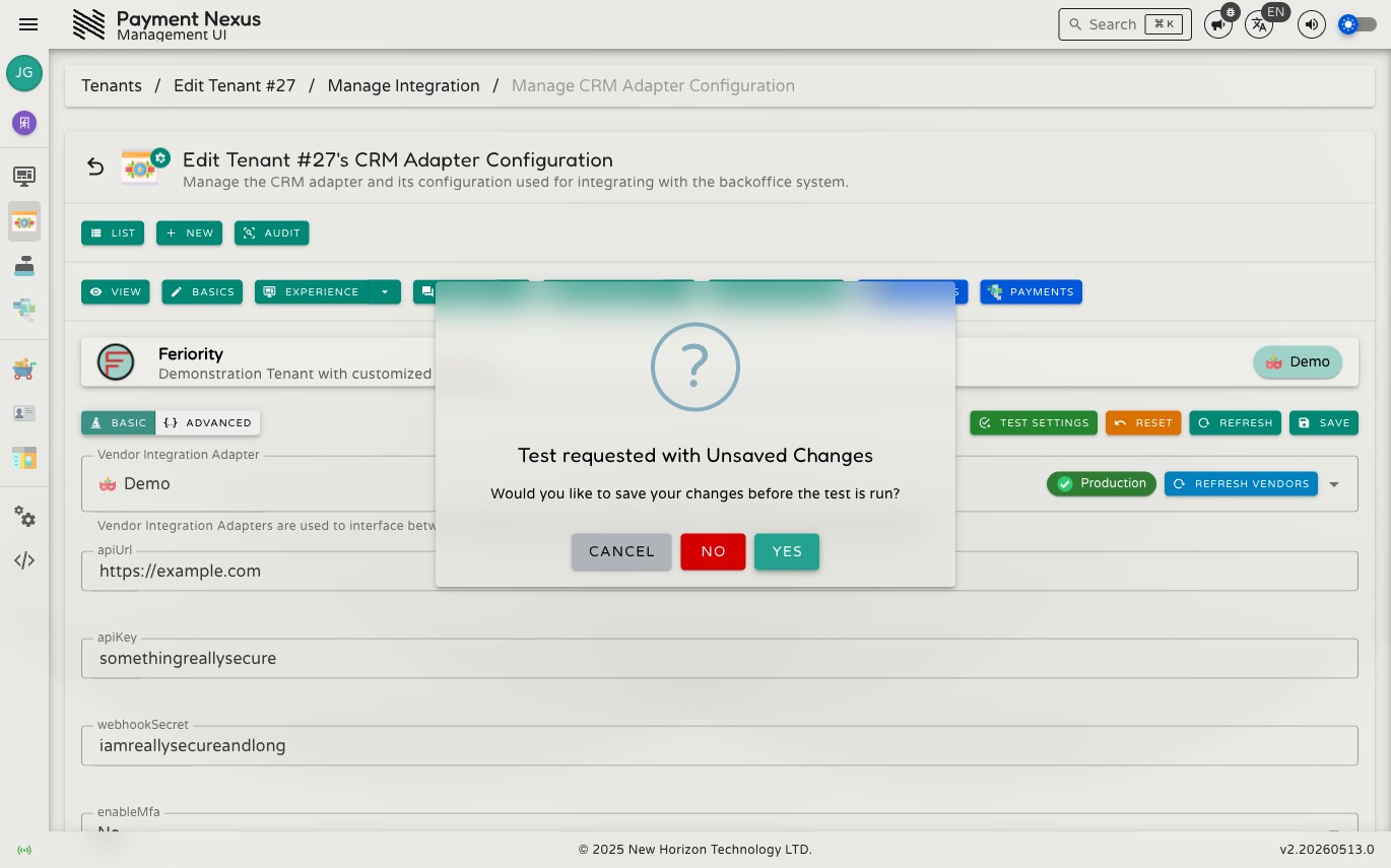 Test requested with Unsaved Changes dialog asking whether to save changes before running the test, with Cancel, No, and Yes buttons