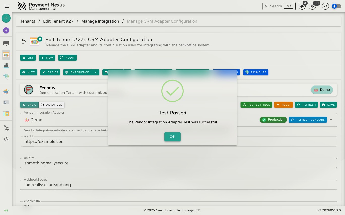 Test Passed dialog showing a success message: The Vendor Integration Adapter Test was successful