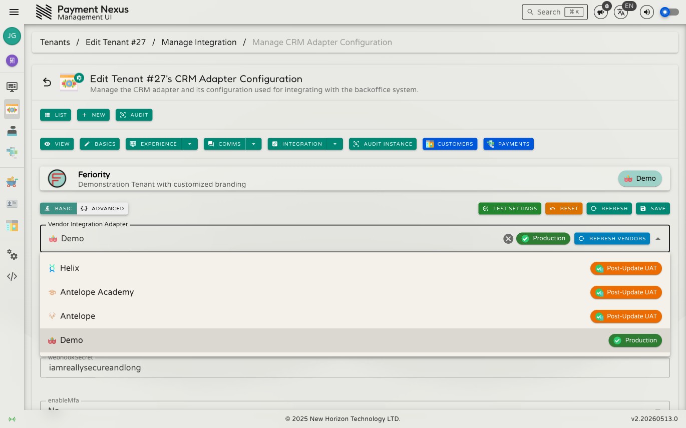 Vendor Integration Adapter dropdown open showing four available adapters — Helix, Antelope Academy, Antelope, and Demo — each with its name, icon, and release state badge