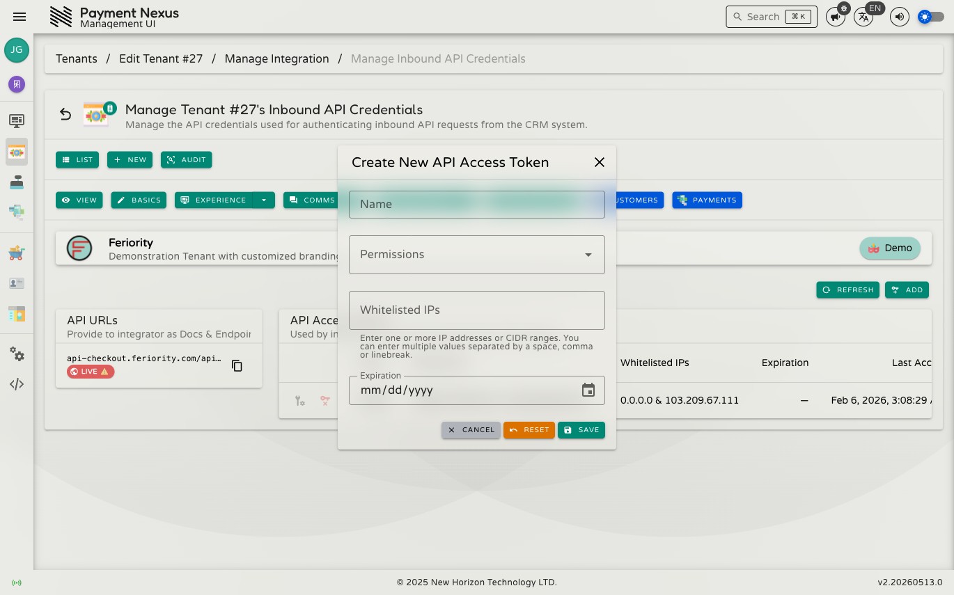 Create New API Access Token dialog showing the Name, Permissions, Whitelisted IPs, and Expiration fields