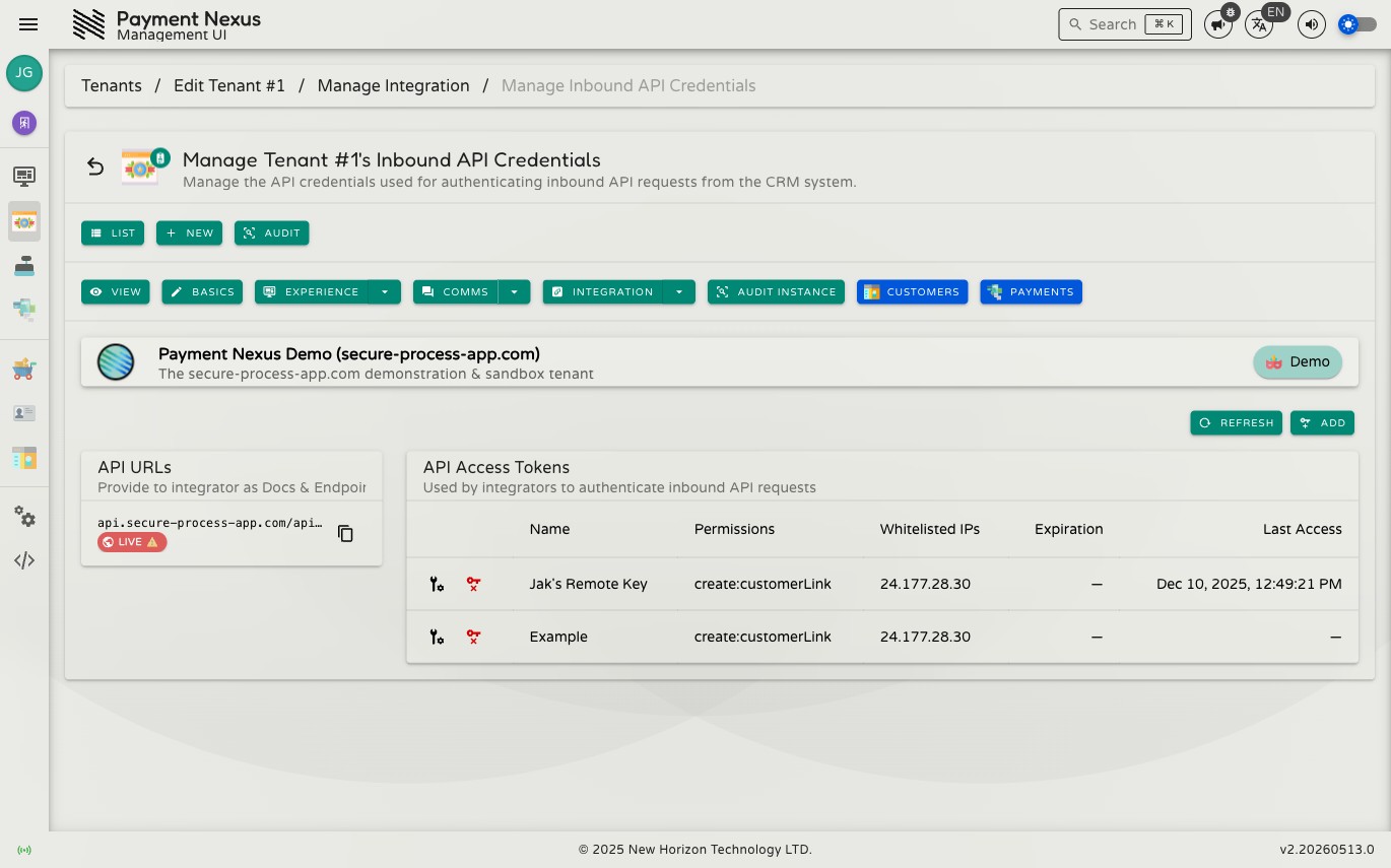 API URLs panel showing a Live domain entry with the full CRM API endpoint URL and a copy button, labelled Provide to CRM vendor as Docs and Endpoint