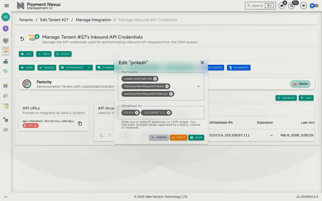 Edit token dialog showing the Permissions and Whitelisted IPs fields, without Name or Expiration