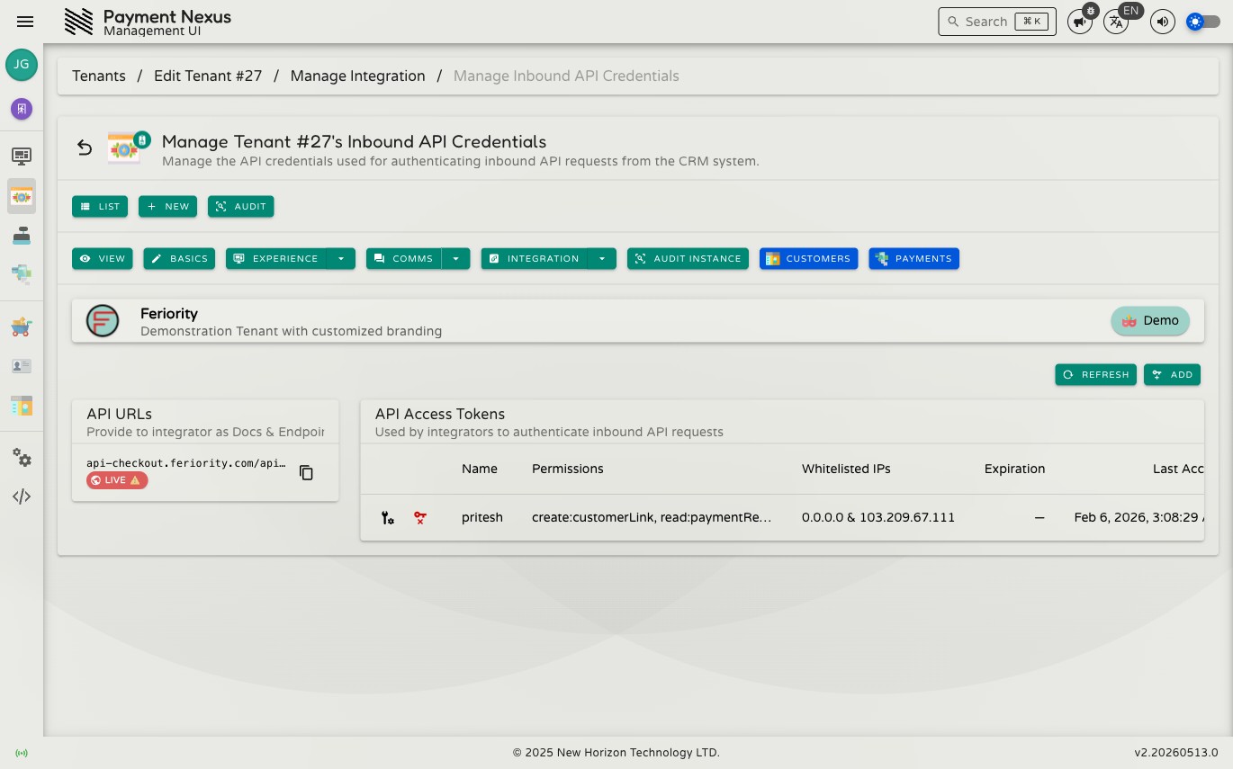 Inbound API Credentials page showing the API URLs panel on the left and the API Access Tokens table on the right, with Refresh and Add buttons in the toolbar