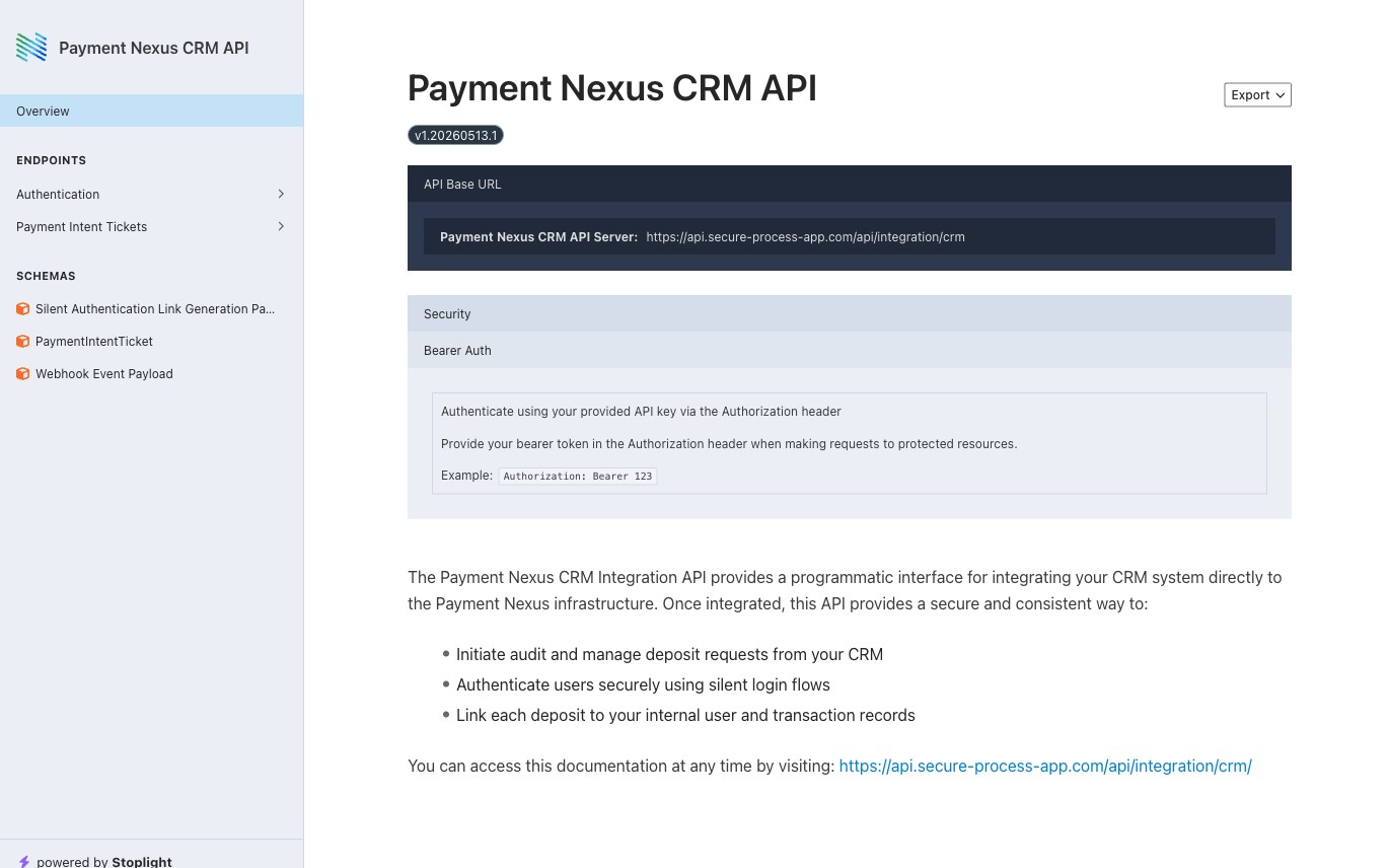 Payment Nexus CRM API documentation showing the Overview page with API base URL, security scheme, and endpoint groups in the sidebar