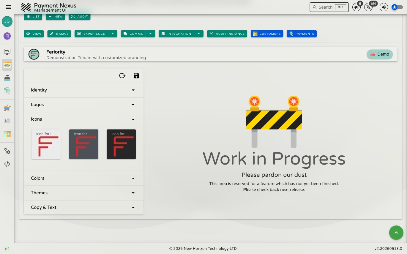 Icons section expanded showing square icon upload fields for each visual theme