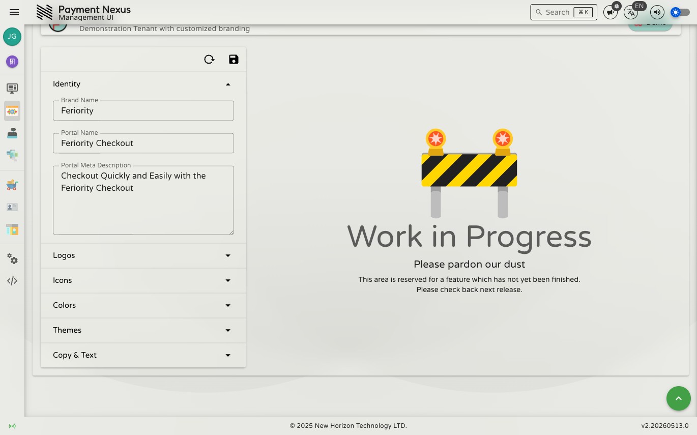 Identity section expanded showing Brand Name, Portal Name, and Portal Meta Description fields