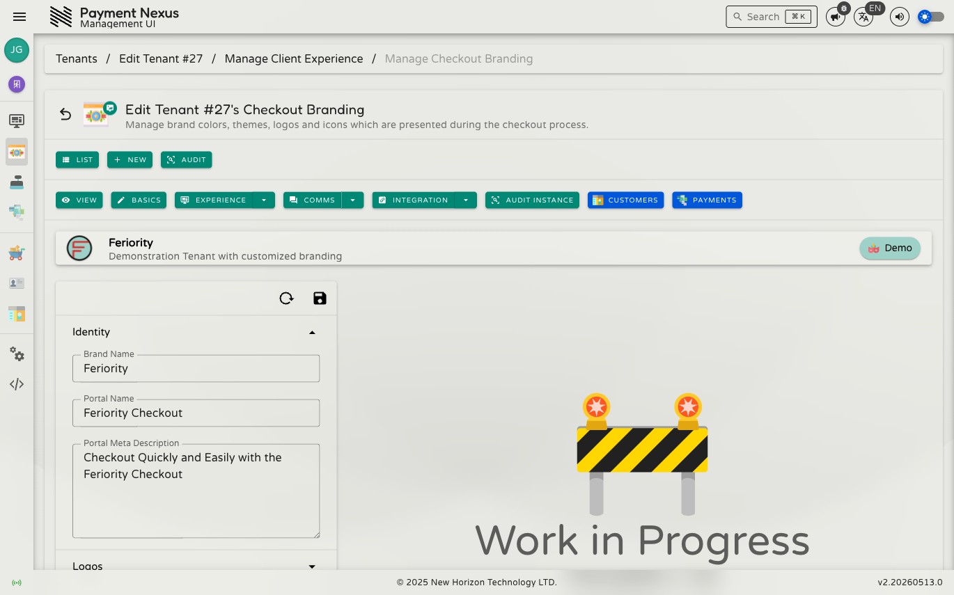 Checkout Branding page showing the six collapsible sections alongside a Work in Progress preview panel