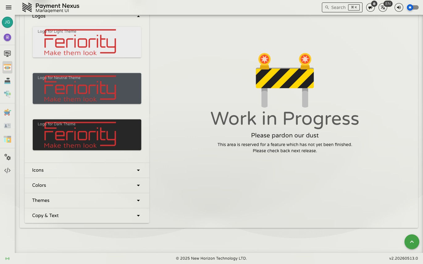 Logos section expanded showing upload fields for Light Theme, Neutral Theme, and Dark Theme logos