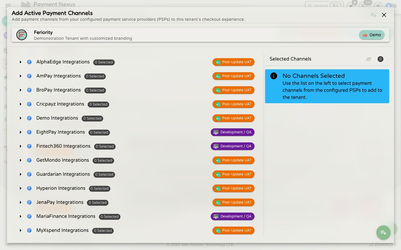 Add Active Payment Channels dialog open, showing the full list of integrations collapsed, each with a 0 Selected badge and release state