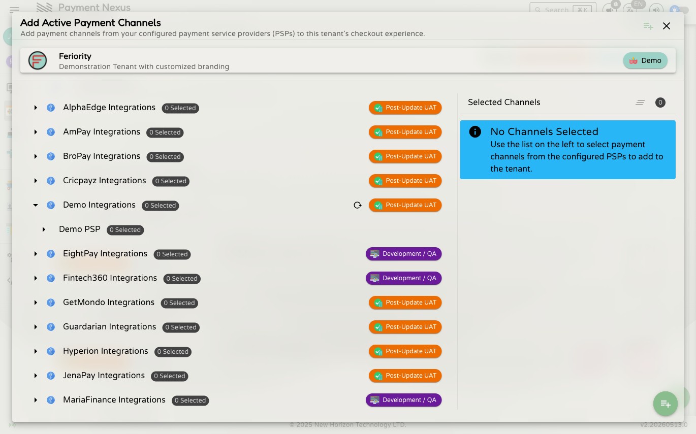 Demo Integrations expanded to reveal the Demo PSP account underneath it