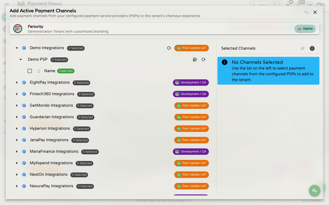 Demo PSP account expanded showing the individual payment channels available, each with a checkbox, channel type badge, and name