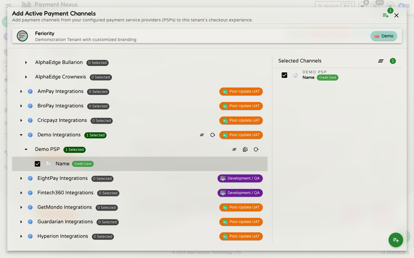 One channel checked in the tree with the Selected Channels preview panel on the right now showing it