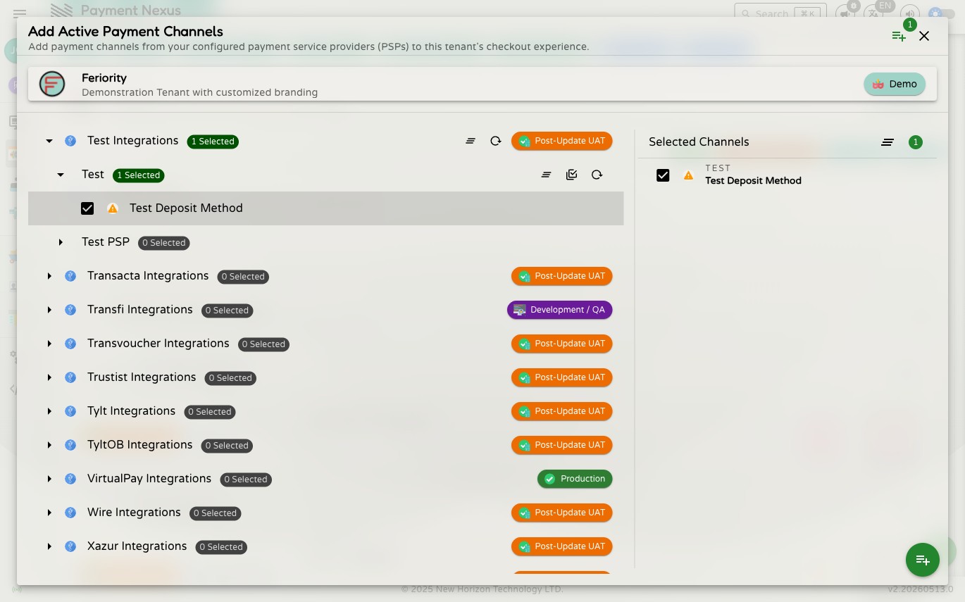 Add Active Payment Channels dialog with one channel selected and ticked, the Selected Channels preview panel on the right showing it, and the green confirm FAB visible in the bottom-right corner