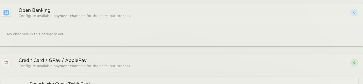 Category headers showing Open Banking with zero channels and an empty-state message, and Credit Card / GPay / ApplePay with a count of 6