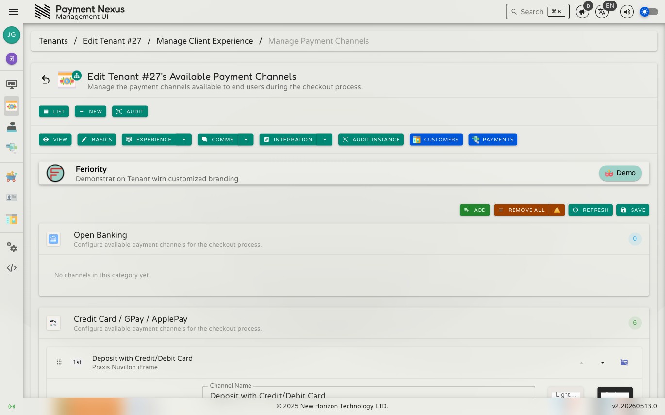 Payment Channels page showing channels grouped by category — Open Banking, Credit Card / GPay / ApplePay, Crypto, and Uncategorized — with the toolbar actions at the top right