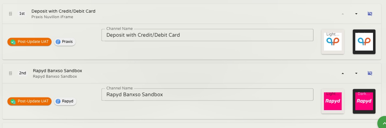 Two consecutive channel cards showing the first card with a disabled Up button and enabled Down button, and the second card with both Up and Down enabled