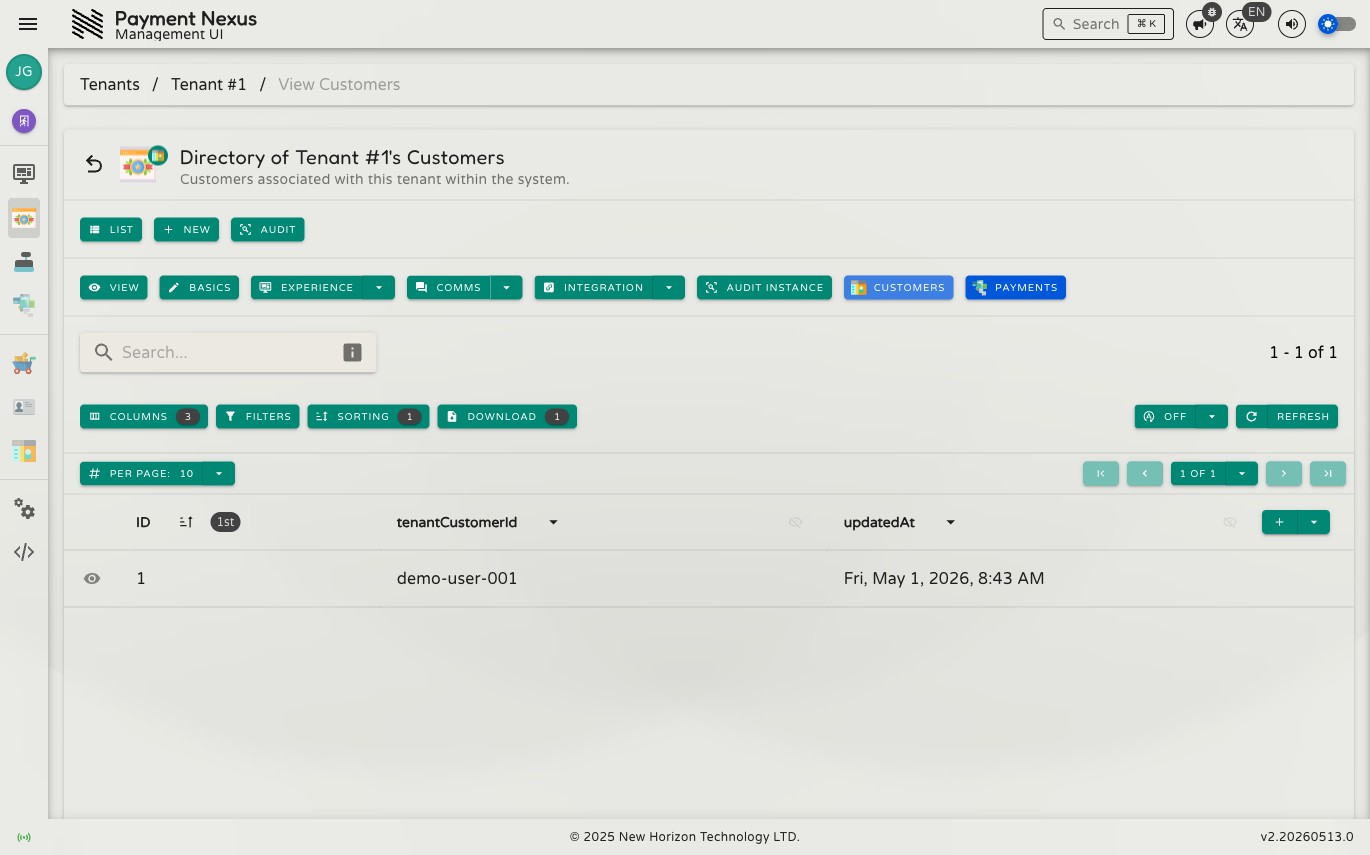 Linked Tenant Customers directory showing a table with ID, Tenant Customer ID, and Updated At columns