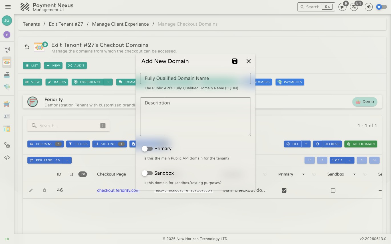 Add New Domain dialog showing the FQDN field, Description textarea, Primary toggle off, and Sandbox toggle off