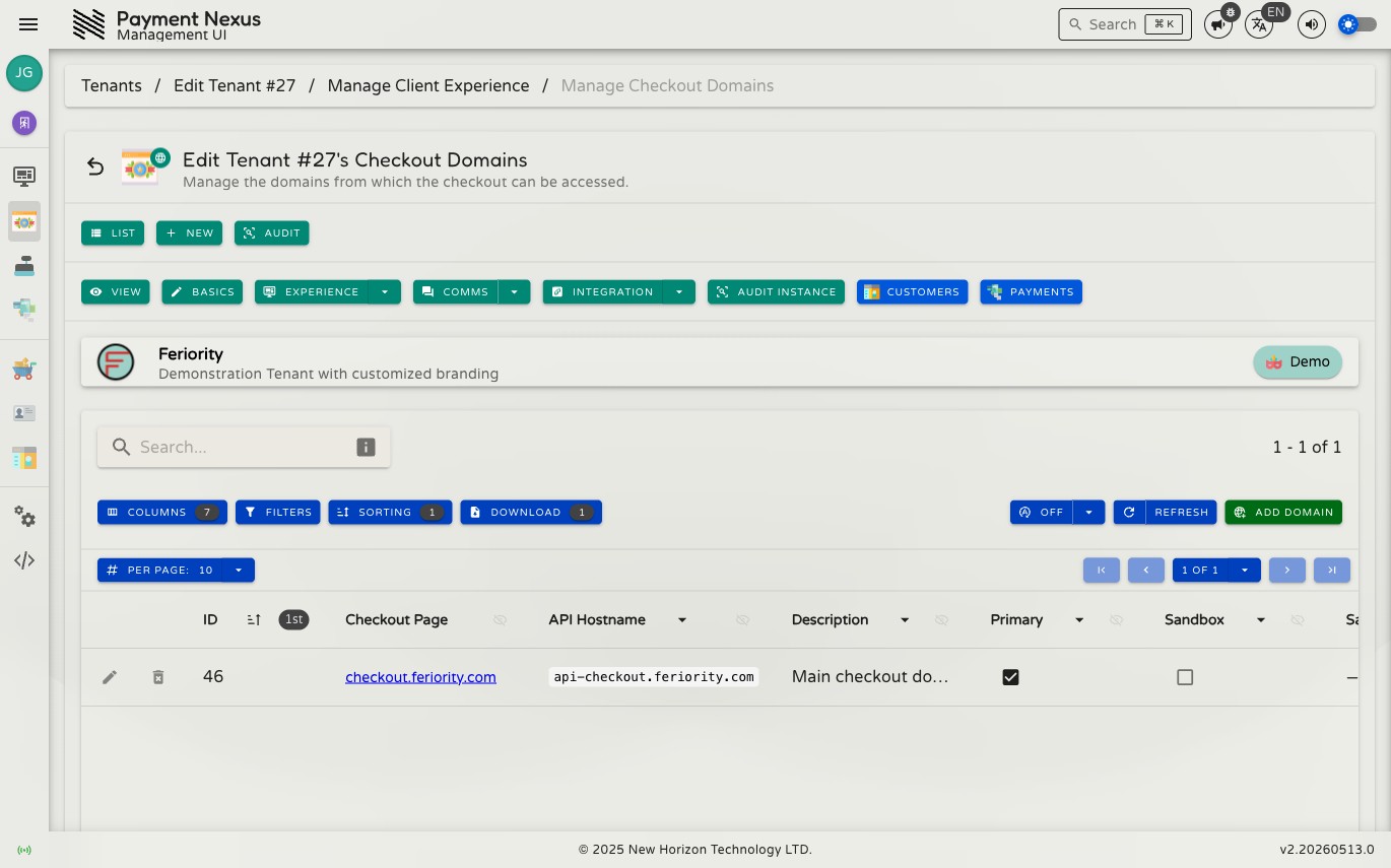 Checkout Domains directory showing one domain entry with Checkout Page, API Hostname, Description, Primary, Sandbox, and Sandbox IP Whitelist columns