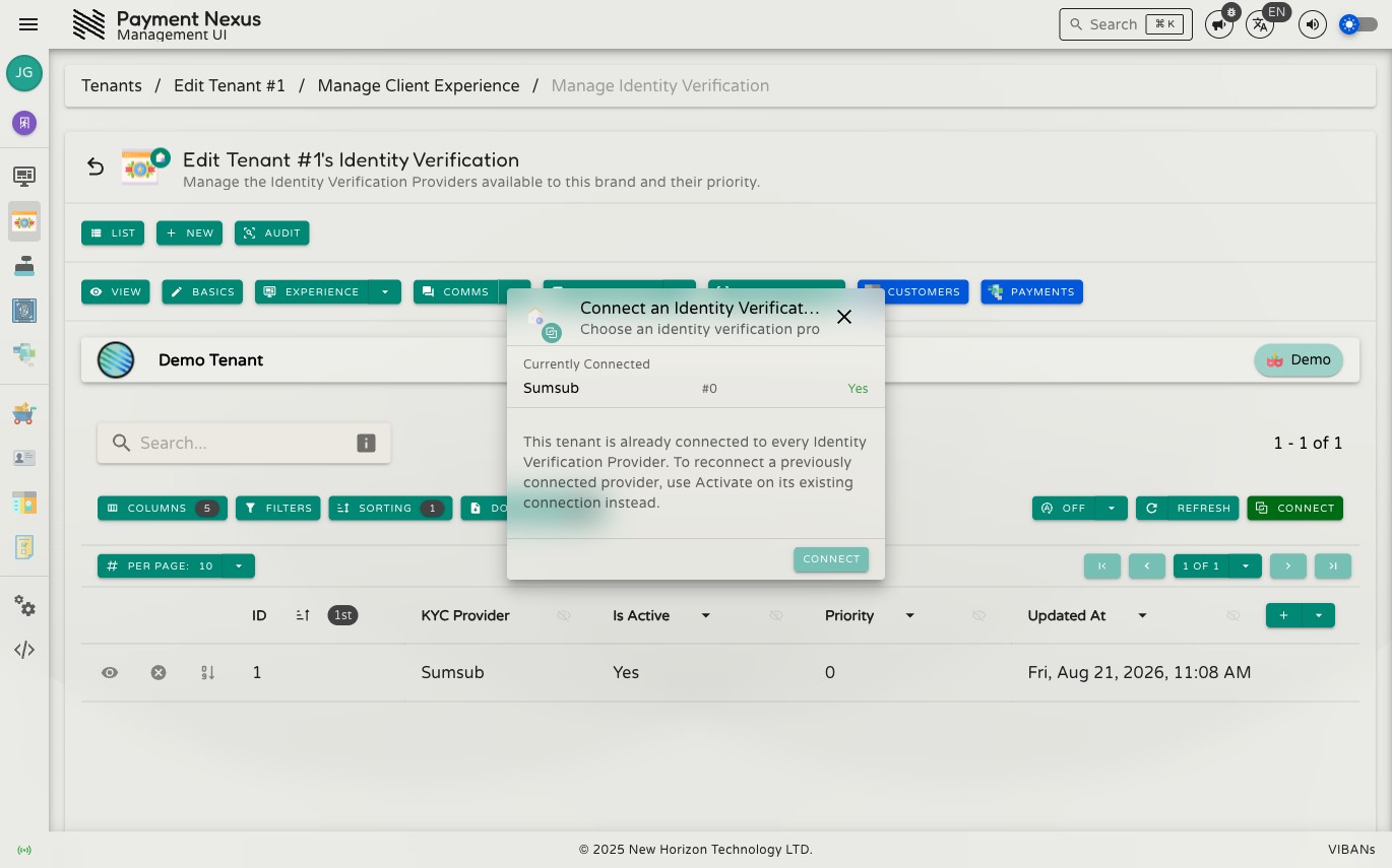 Connect an Identity Verification Provider dialog showing the currently connected provider and a message that the tenant is already connected to every provider