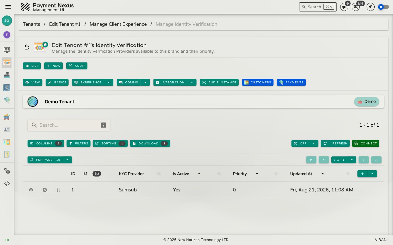 Tenant's Identity Verification page showing a directory with columns for ID, KYC Provider, Is Active, Priority, and Updated At, and a Connect toolbar button