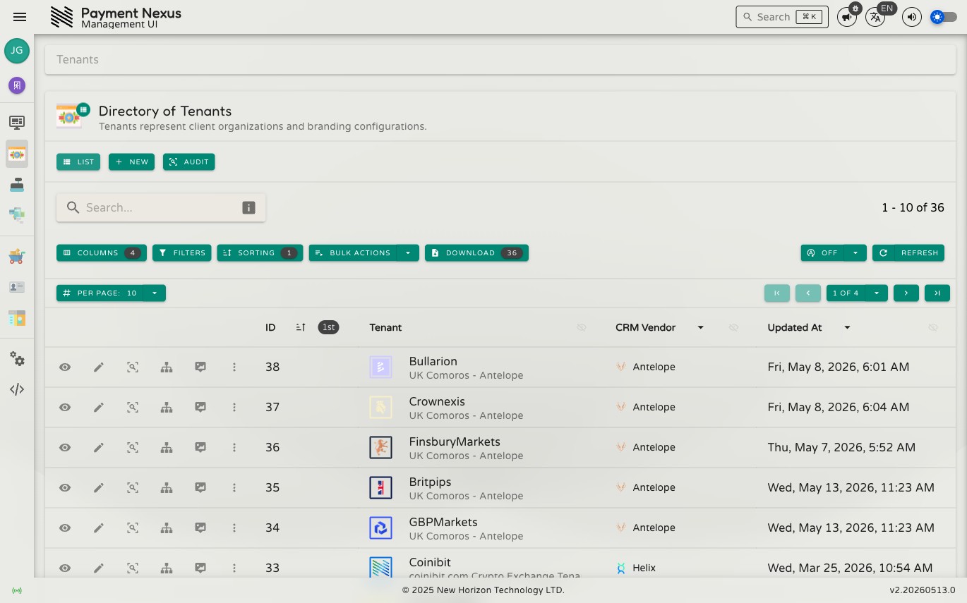 Directory of Tenants showing a table with ID, tenant brand name, CRM vendor, and last updated timestamp