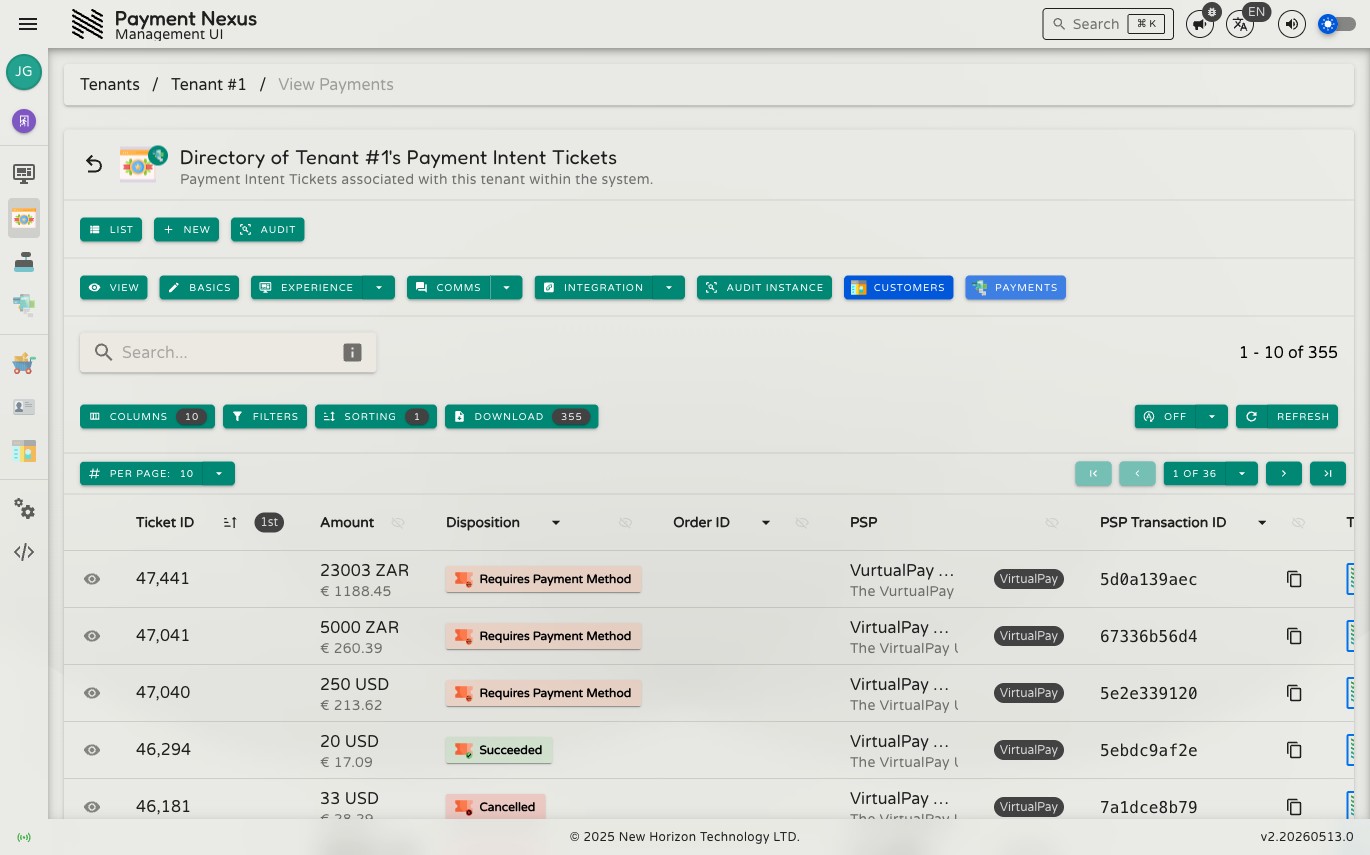 Linked Payment Intent Tickets directory showing a table with columns for Ticket ID, amount, status, and related identifiers