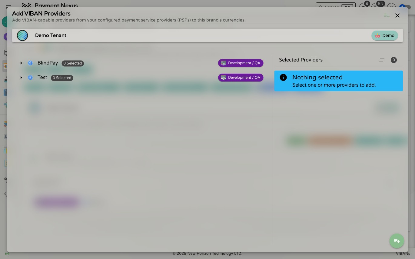 Add VIBAN Providers dialog showing a tree of provider families and accounts, and a Selected Providers panel on the right