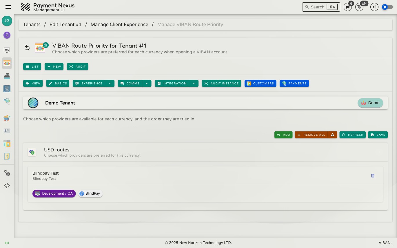 VIBAN Route Priority page showing a card for USD routes listing Blindpay Test, with Add, Remove All, Refresh, and Save toolbar buttons