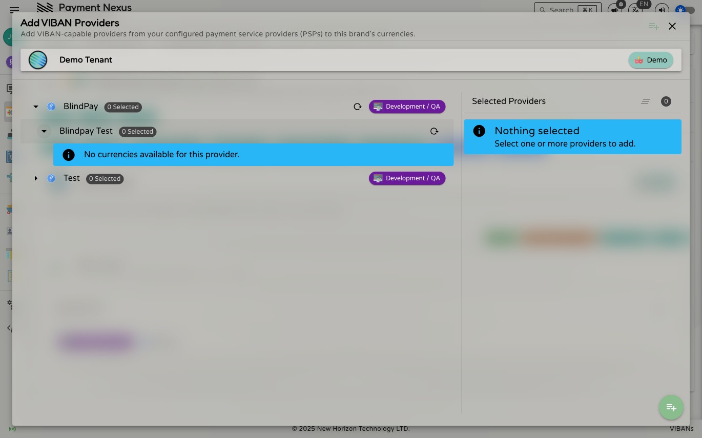 Expanded provider account showing the message No currencies available for this provider