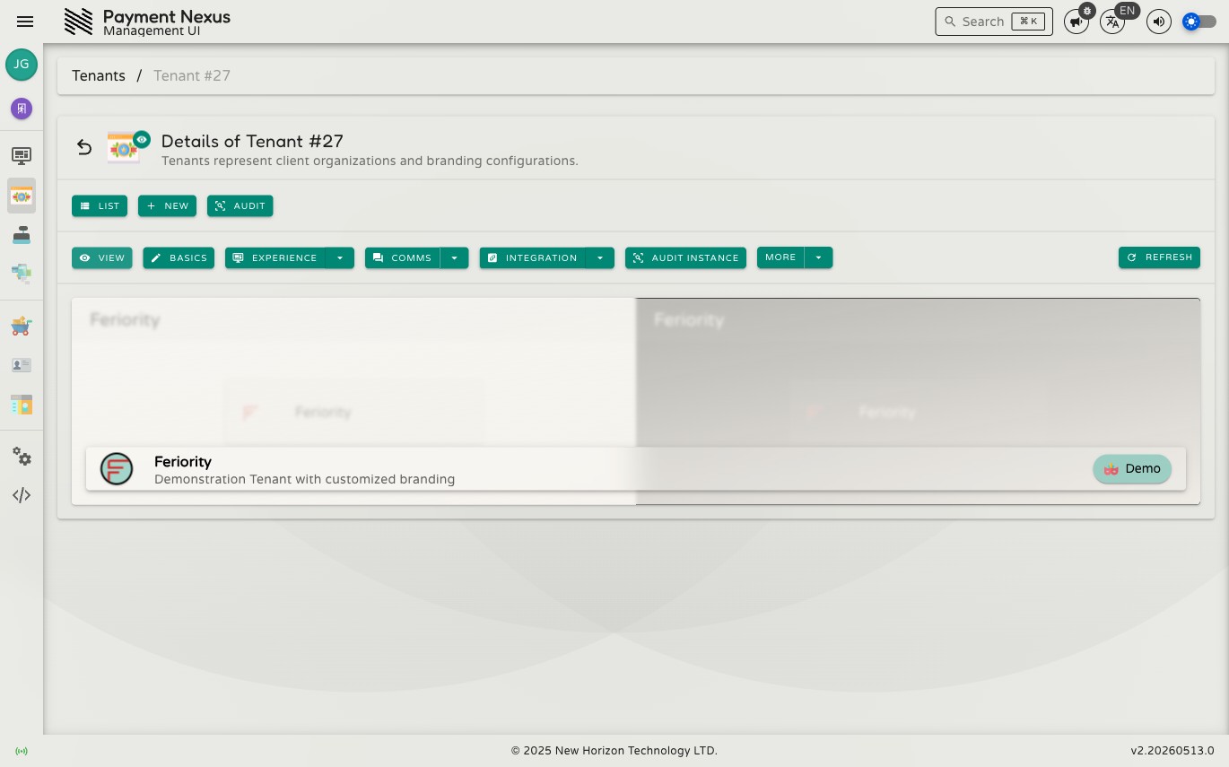 Tenant detail page showing the tenant's brand cover with name, description, and action menus for Experience, Comms, and Integration