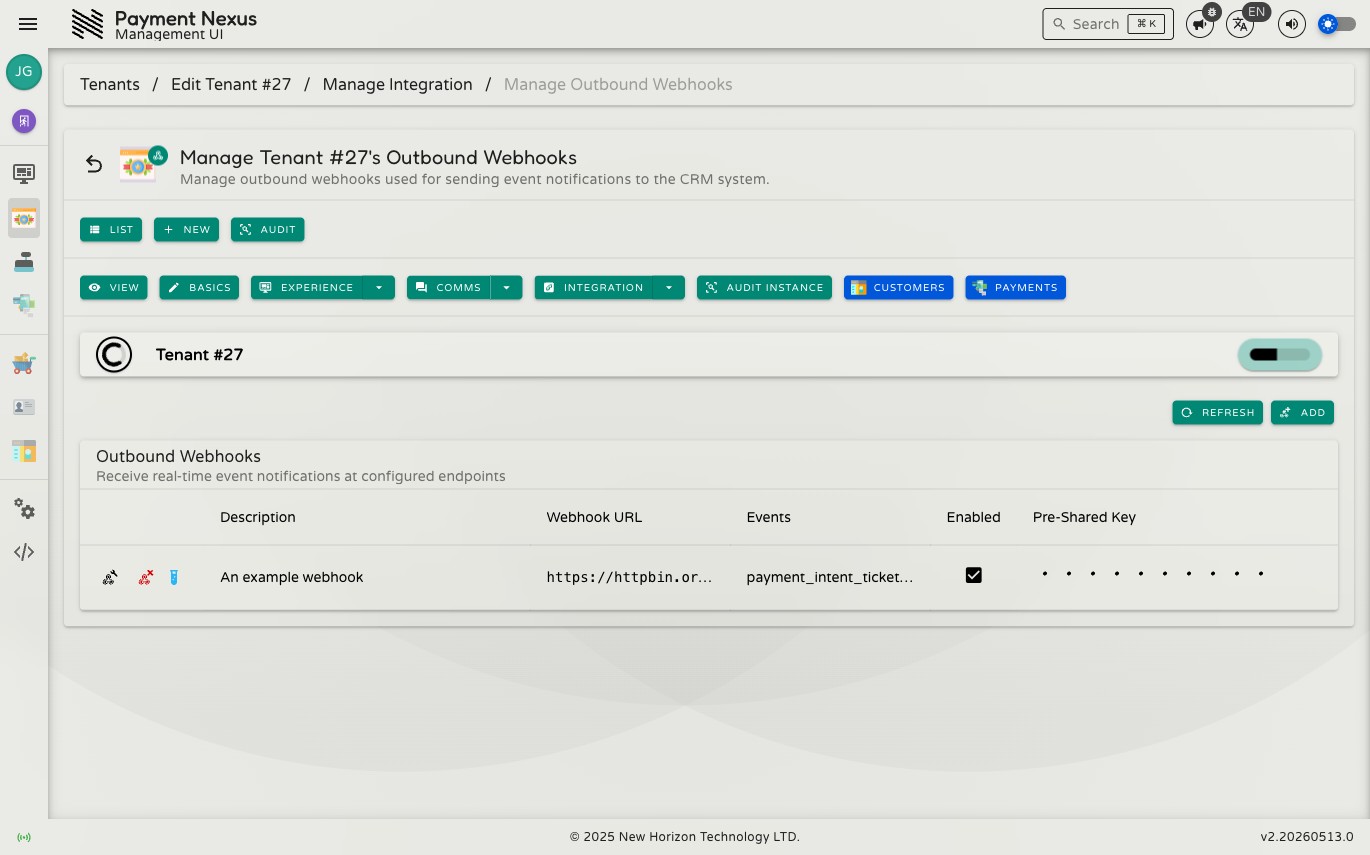 Outbound Webhooks page showing a table with one webhook entry — description, URL, subscribed events, enabled state, and PSK field — with Edit, Test, and Delete row actions