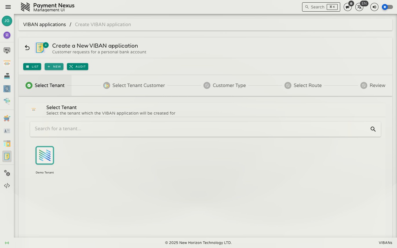Select Tenant step showing a search field and a Demo Tenant result