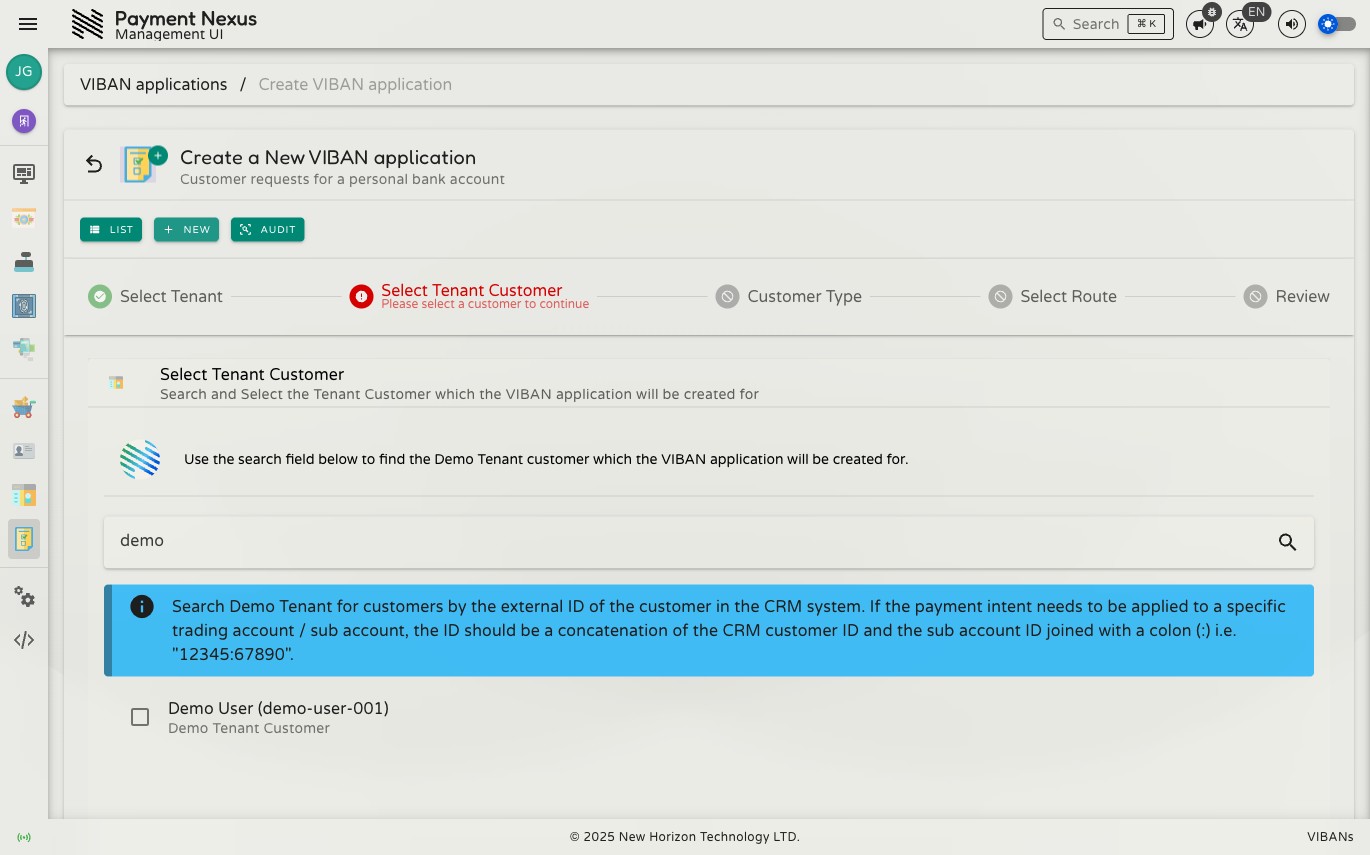 Select Tenant Customer step showing a search field for the customer's external ID