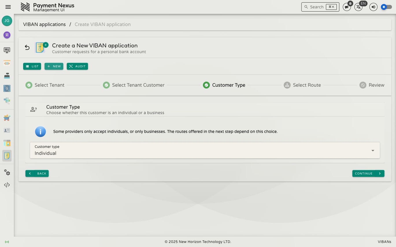 Customer Type step showing a dropdown with Individual and Business options