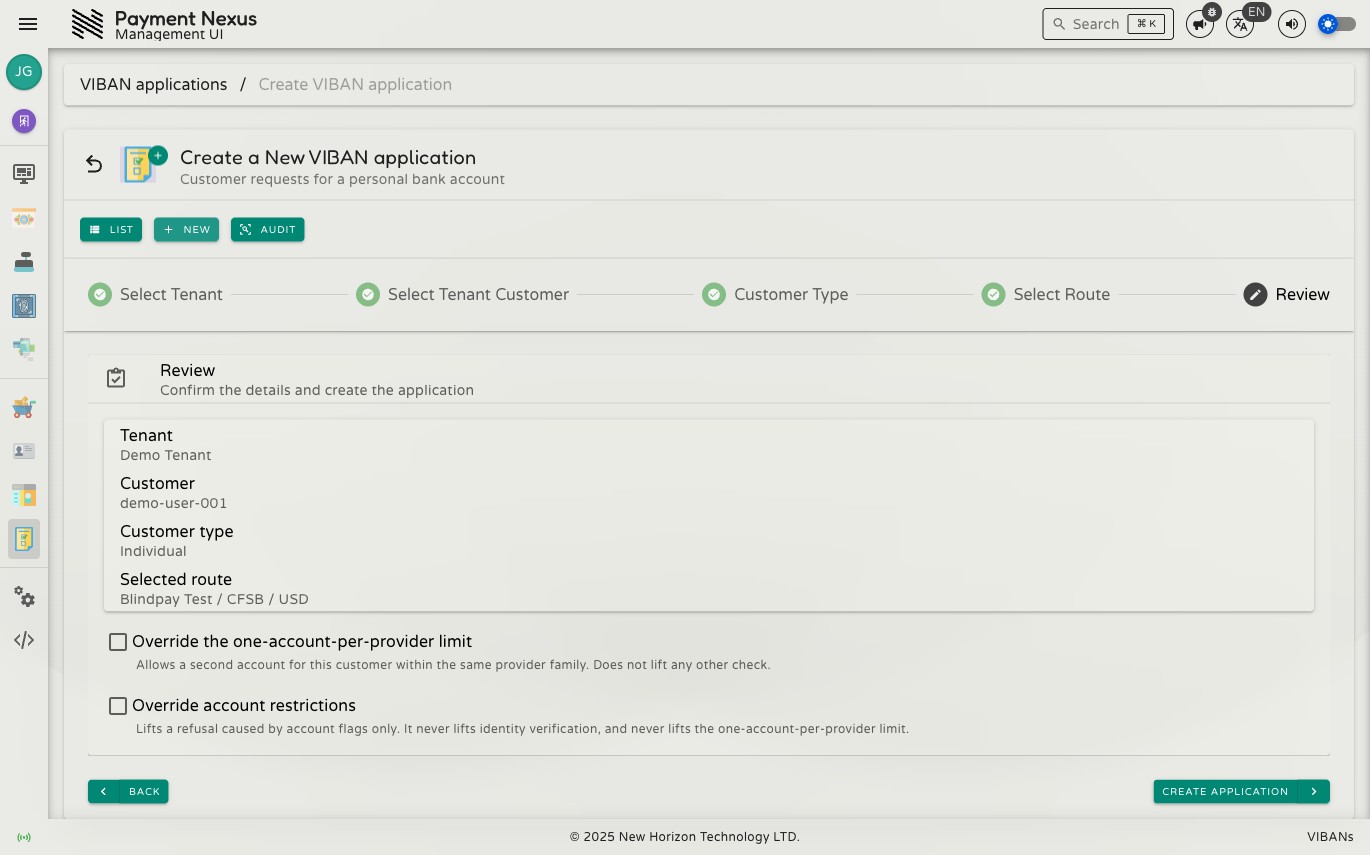 Review step showing the selected tenant, customer, customer type, and route, plus two override checkboxes: Override the one-account-per-provider limit, and Override account restrictions